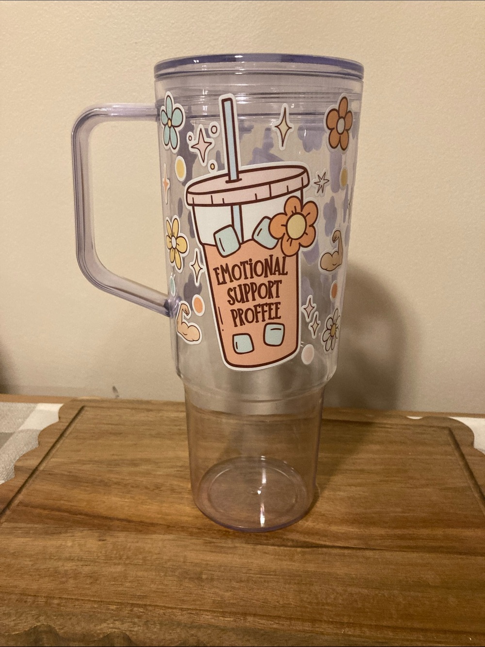 Emotional Support Proffee Clear Travel Mug with Purple Handle